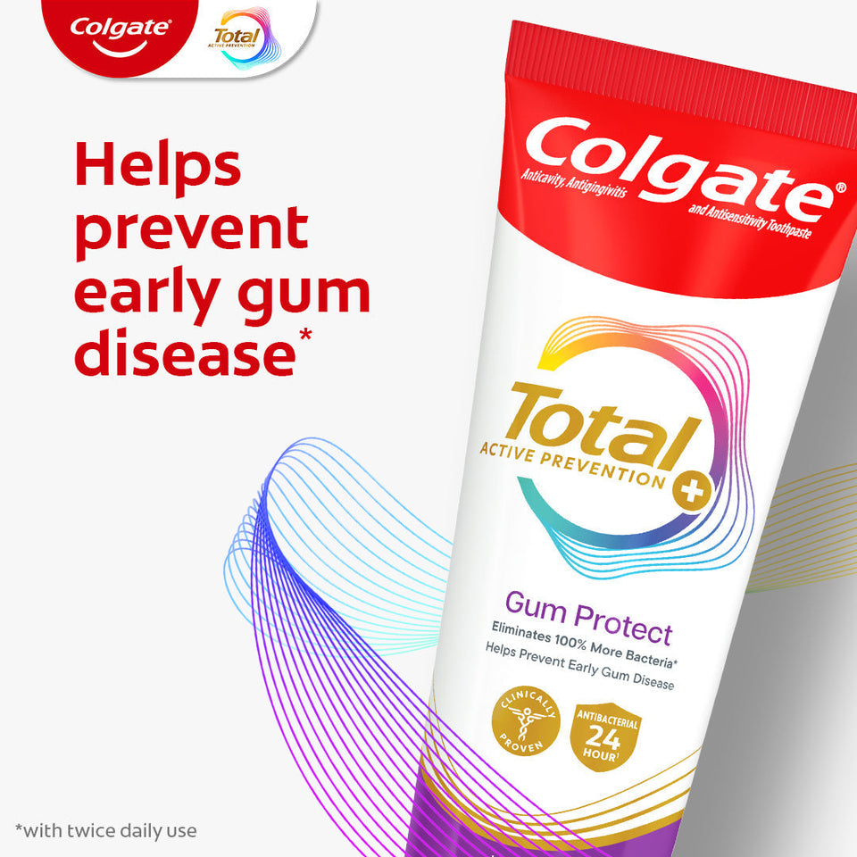 Colgate Total Active Prevention Gum Protect Whitening Toothpaste. In text: Helps prevent early gum disease*. *With twice daily use.