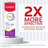 Colgate Total Active Prevention Gum Protect Whitening Toothpaste. In text: 2X more effective. At fighting the root cause of early gum disease*. *Via reduction of bacteria, vs. non-antibacterial fluoride toothpaste with 2x daily brushing and 4 weeks of use.