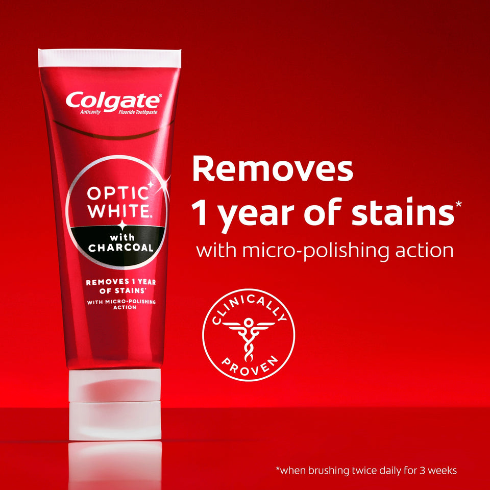 Colgate Optic White with Charcoal Teeth Whitening Toothpaste. In text: Removes 1 year of stains* with micro-polishing action. Clinically proven. *When brushing twice daily for 3 weeks.