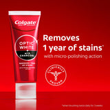 Colgate Optic White with Charcoal Teeth Whitening Toothpaste. In text: Removes 1 year of stains* with micro-polishing action. Clinically proven. *When brushing twice daily for 3 weeks.