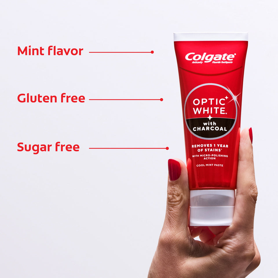 Colgate Optic White with Charcoal Teeth Whitening Toothpaste. In text: Mint flavor, gluten free, sugar free.
