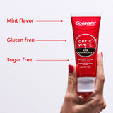 Colgate Optic White with Charcoal Teeth Whitening Toothpaste. In text: Mint flavor, gluten free, sugar free.