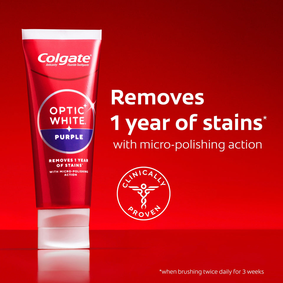 Colgate Optic White Purple Toothpaste for Teeth Whitening. In text: Removes 1 year of stains* with micro-polishing action. Clinically proven. 