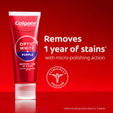 Colgate Optic White Purple Toothpaste for Teeth Whitening. In text: Removes 1 year of stains* with micro-polishing action. Clinically proven. 