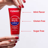 Colgate Optic White Purple Toothpaste for Teeth Whitening. In text: Mint flavor, gluten free, sugar free.  